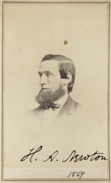 Carte-de-visite portrait photograph of Hubert Anson Newton (1830-1896), American astronomer and mathematician. He was best known for his research on meteors. His name, along with "1869," have been handwritten under the portrait.