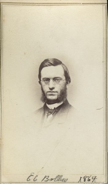 Carte-de-visite portrait of Edwin C. Bolles (1836-1920), professor of English and American History at Tufts. He is best known for amassing a vast archive of materials on the history of London, and for devising a reference system that is similar to hypertext. Handwritten text at the bottom reads, "E.C. Bolles, 1864."