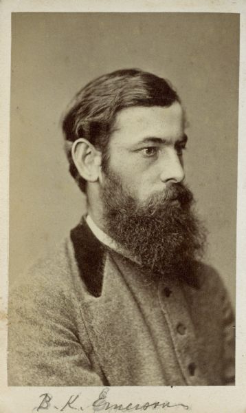 Carte-de-visite portrait of B.K. Emerson (1837-1928), professor of Minerology and Geology at Amherst College. Handwritten inscription at the bottom reads, "B.K. Emerson."