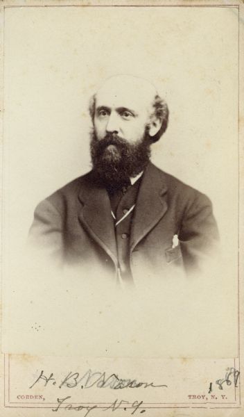 Carte-de-visite portrait of Henry B. Nason (1831-1895), head of the Chemistry department at the Rensselaer Polytechnic Institute, the first Technological school in the U.S. Handwritten text at the bottom of the image reads, "H.B. Nason, Troy N.Y., 1869."