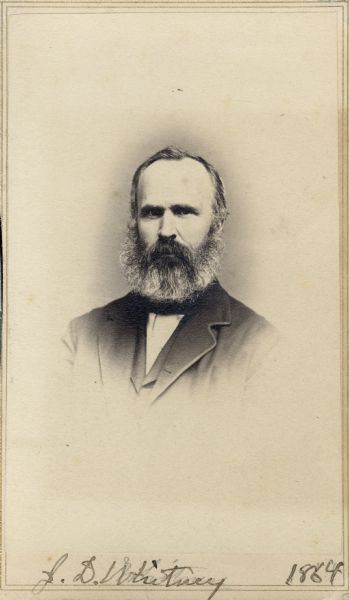 Carte-de-visite portrait of Josiah D. Whitney (1819-1896), professor of Geology at Harvard University (1865-96), and chief of the Californa Geological Survey (1860-74). Mount Whitney, the highest point in the continental United States, was named after him by members of the survey. Handwritten text at the bottom of the image reads, "J.D. Whitney, 1864."