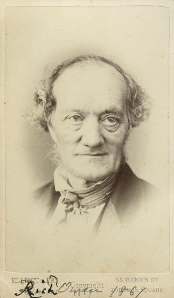Carte-de-visite portrait of Richard Owen (1804-1892), English comparative anatomist, and paleontologist. A controversial figure, Owen is credited for coining the term, "dinosaur," and providing the impetus for the Natural History Museum in South Kensington, London. Handwritten text at the bottom of this image reads, "Rich Owen, 1869.
