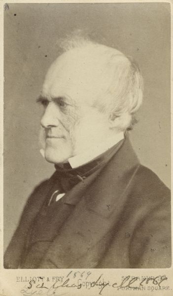Carte-de-visite portrait of Sir Charles Lyell (1797-1875), Scottish lawyer, geologist, and advocate of uniformitarianism.  Handwritten text at the bottom of the image reads, "Sir Chas Lyell, 1869."