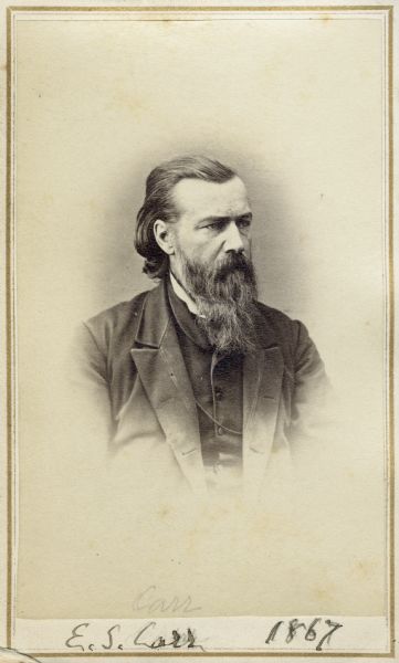 Vignetted carte-de-visite portrait of Ezra S. Carr, geologist and California State Superintendent.  He held chemistry professorships at various institutions.  Bottom of image bears handwritten inscription, "E.S. Carr, 1867."