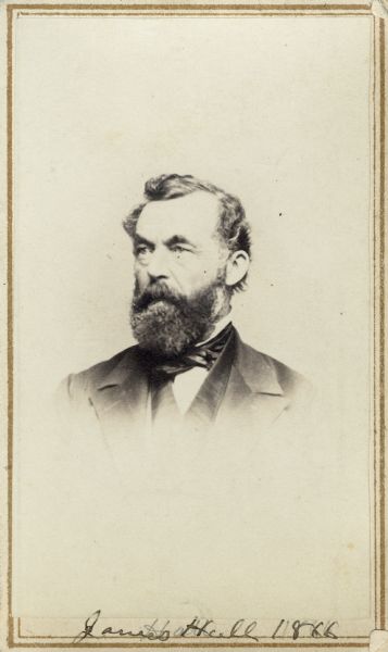 Vignetted carte-de-visite portrait of James Hall (1811-1898), American geologist and paleontologist.  Thought to be the top American invertebrate paleontologist of his era.  In 1893, he was appointed New York state geologist, a position that was created especially for him.  Handwritten text at the bottom of the image reads, "James Hall, 1866."