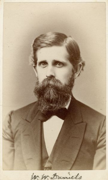Carte-de-visite portrait of Professor W.W. Daniels, University of Wisconsin geologist. Daniels worked as one of Increase Lapham's assistants during the Wisconsin State geological survey. Handwritten text at the bottom of the image reads, "W.W. Daniels."