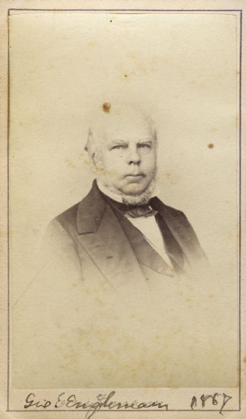 Carte-de-visite portrait of George Engelmann (1809-1884), German-American botanist.  He is best known for describing the flora of the American West. Handwritten inscription at the bottom of image reads, "Geo. Engelmann, 1867."