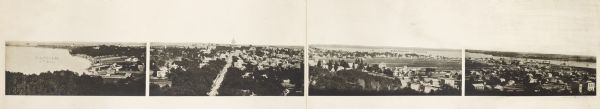 Panoramic view of Madison, taken from the roof of South Hall. This reduced copy was made from original negatives by E.C. Nielson. Labels for both Lake Mendota and Lake Monona, along with indexed numbers for various other landmarks, have been embedded within the image.