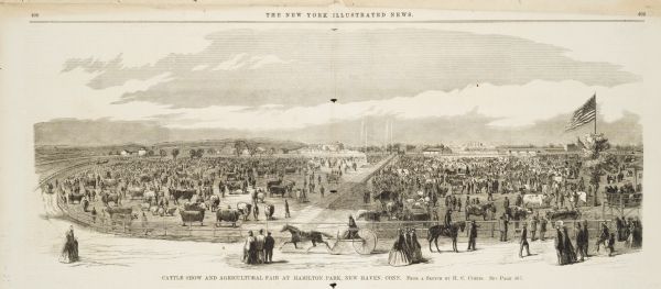 Panoramic wood-engraving of a cattle fair in New Haven, after a sketch by H.C. Curtis. Caption reads: "Cattle Show and Agricultural Faib <i>[sic]</i> at Hamilton Park, New Haven, Conn. From a sketch by H.C. Curtis. See page 403."