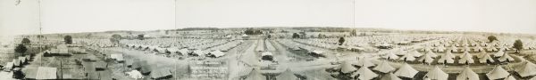 Panoramic view of encampment for the Battle of Gettysburg 50th Anniversary, with hundreds of tents.