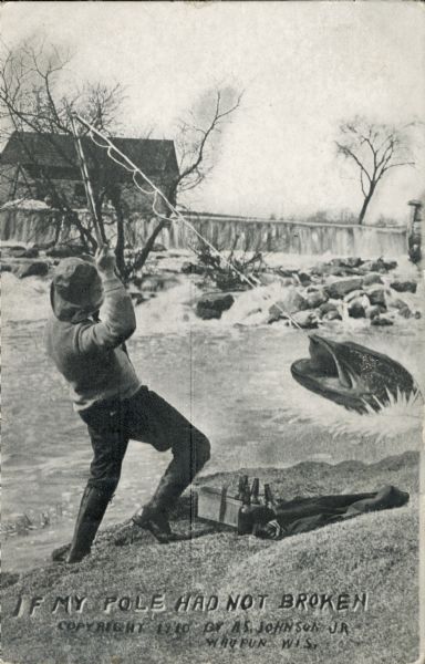 Photomontage of a fisherman attempting to reel in a giant fish from a river. Beside him sits a few beer bottles and a bag.