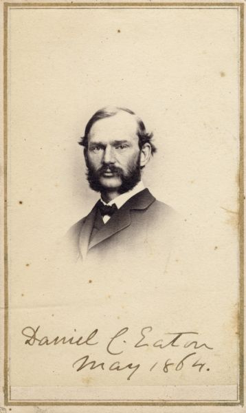 Vignetted carte-de-visite portrait of Daniel C. Eaton (1834-1895), American Botanist. In 1864 (the year of this photograph), Eaton became a professor of botany at Yale University, where he taught until he died. His most well-known volume was entitled, "The Ferns of North America" (1879). Handwritten inscription at the bottom reads, "Daniel C. Eaton, May 1864."