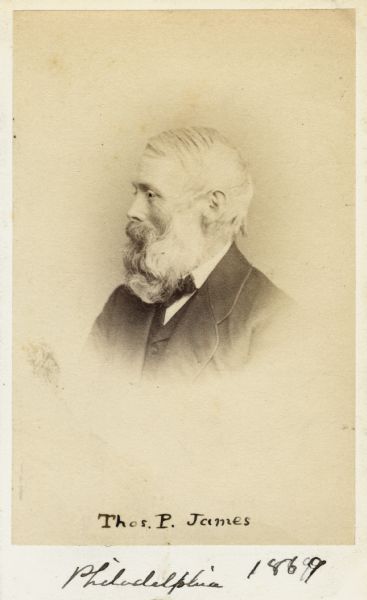 Vignetted carte-de-visite portrait of Thomas Potts James (1803-1882), American Botanist. Working for most of his early life as a pharmacist in Philadelphia, James devoted his work to botany after moving to Cambridge in 1866, focusing on mosses. Shown here in near profile, at age 66. Handwritten inscription at the bottom reads, "Thos. P. James, Philadelphia, 1869."