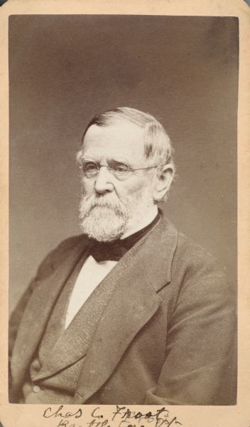 Carte-de-visite portrait of Charles Christopher Frost (1806-1880), Vermont botanist. Focused in area of mycology (fungi), especially Eastern North American varieties. Also worked as a shoemaker, and collected fungi in his shoemaker thread boxes. Handwritten inscription at bottom reads, "Chas. C. Frost, Brattleboro, VT."