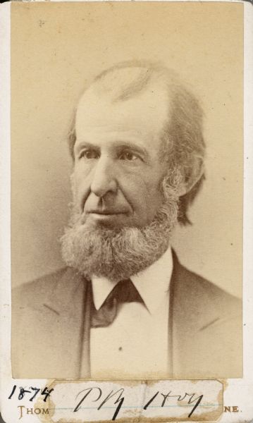 Carte-de-visite portrait of Dr. Philo R. Hoy (1816-1892), Wisconsin ornithologist and entomologist. Settled in Racine with his family in 1846. Served as president of the Wisconsin Academy of Arts and Science. Handwritten inscription at bottom reads, "1874, PR Hoy."