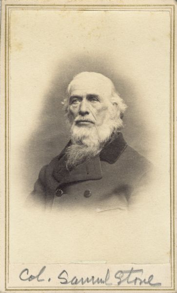 Vignetted carte-de-visite portrait of Colonel Samuel Stone (1798-1876), Massachusetts-born Union Colonel. Before his army service, Stone's various occupations included running a dry goods store and serving as an officer for the Michigan Central and Michigan Southern Railroad.  Stone was a brother-in-law of Increase Lapham, and shared his love for science. Handwritten inscription at the bottom reads, "Col. Samuel Stone."