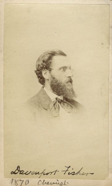 Vignetted carte-de-visite portrait of Professor Davenport Fisher (1832-1911), Milwaukee chemist. After earning his Ph.D. in Chemistry from Heidelberg University in 1855, and before moving to Milwaukee, Davenport served for two years as Lieutenant of the 5th Massachusetts Cavalry, and four more years as a professor at the United States Naval Academy. Once in Milwaukee, he continued to practice chemistry and married Charlotte Ilsley, with whom he had three sons and two daughters. A handwritten inscription at the bottom of the image reads, "Davenport Fisher, 1870, chemist." According to a statement in the margin of the album, Davenport was "killed by [an] electric car [in] Milwaukee, 1911."