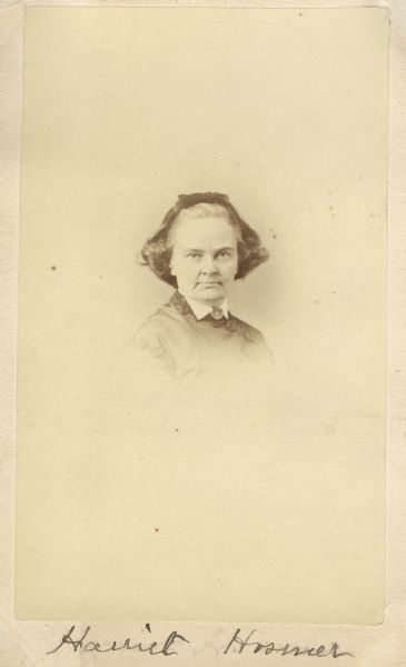 Vignetted  carte-de-visite portrait of Harriet Hosmer (1830-1908), Massachusetts-based sculptor. Handwritten inscription at bottom of card reads, "Harriet Hosmer."