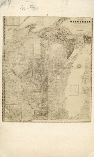 Carte-de-visite map of Wisconsin. Broken down into a grid, and includes some topography and Lake Michigan. The letters "M.C." have been written on top of the map.