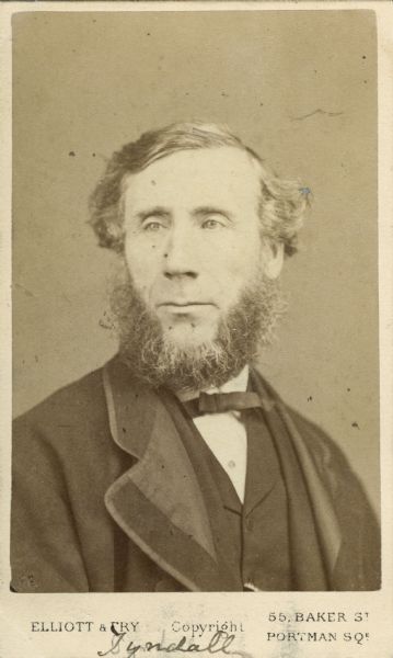 Carte-de-visite portrait of John Tyndall (1820-1893), Irish natural philosopher. Tyndall was one of the leading figures in Victorian science and a member of the famous X Club along with T.H. Huxley and Herbert Spencer. Handwritten inscription at bottom reads, "Tyndall."