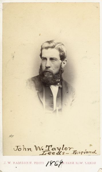 Vignetted carte-de-visite portrait of John W. Taylor, British genealogist. Handwritten inscription on bottom reads, "John W. Taylor, Leeds - England, 1869."