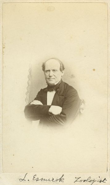 Vignetted carte-de-visite portrait of Laurits Esmark (1806-1884), Norwegian Zoologist. Esmark served as a professor of Zoology at Christiania University in Norway. Handwritten inscription at bottom of card reads, "L. Esmark, Zoologist."