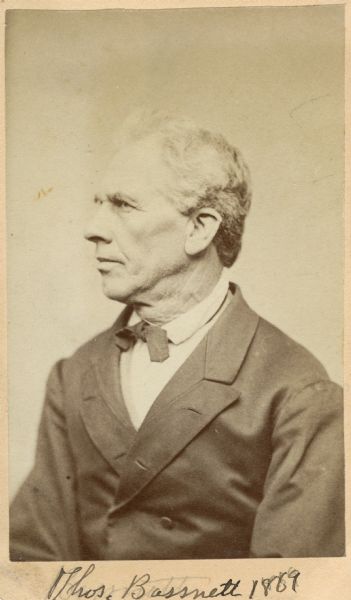 Carte-de-visite portrait of Thomas Bassnett (b. 1808, d. aft 1885), American meteorologist. Handwritten inscription at bottom of card reads, "Thos. Bassnett, 1869."
