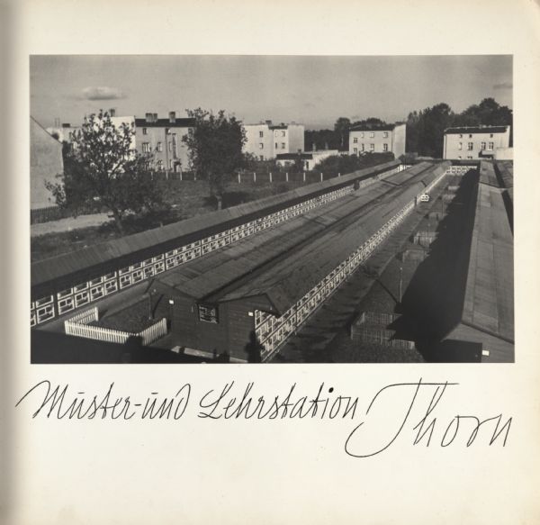 Rabbit hutches at Thorn concentration camp in Germany. Text on page says "Muster-und Lehrstation Thorn".