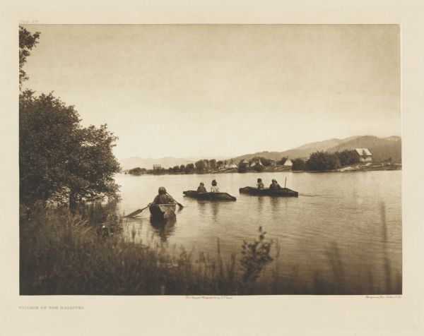 The original caption reads: "The Kalispel, who now number about a hundred, are scattered along the eastern side of the Pend d'Oreille river in eastern Washington. In the summer they assemble in their picturesque village, consisting of a few wooden houses and a dozen or more canvas-covered tipis, at the edge of a camas meadow opposite the town of Cusick." A view of manned boats in a river.