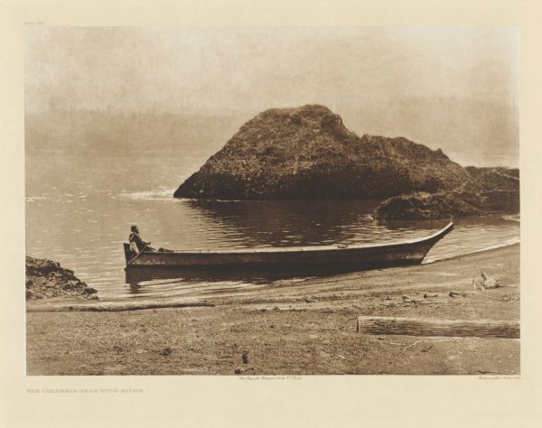 The original caption reads: "The Chinookan tribes on the Columbia obtained their canoes for the greater part from the coast tribes of Washington. The woman in the picture is the daughter of the former Cascade chief Tamahl." A view of a woman in a long boat in a river.