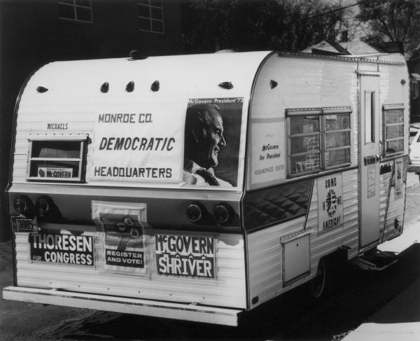 A camping trailer serves as the Monroe County, Wisconsin Democratic party and McGovern campaign headquarters during the 1972 presidential race.