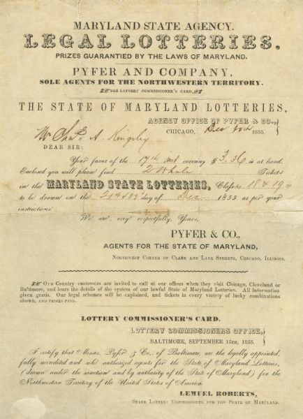 Letter confirming the purchase of two State of Maryland Lottery tickets by Mr. Charles A. Kingsley through the Chicago office of Pyfer & Co.