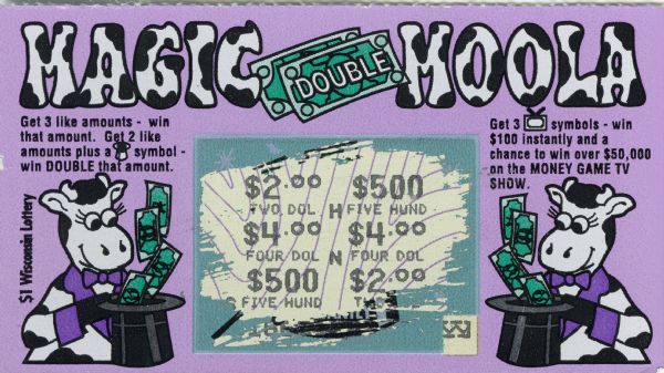 Magic Double Moola scratch-off ticket from the Wisconsin Lottery. Ticket has been scratched off revealing that it is not a winner.