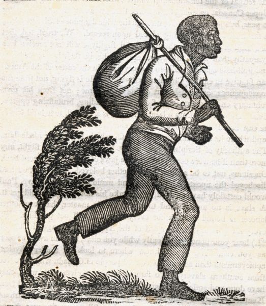 Image of a runaway slave with stick and satchel.