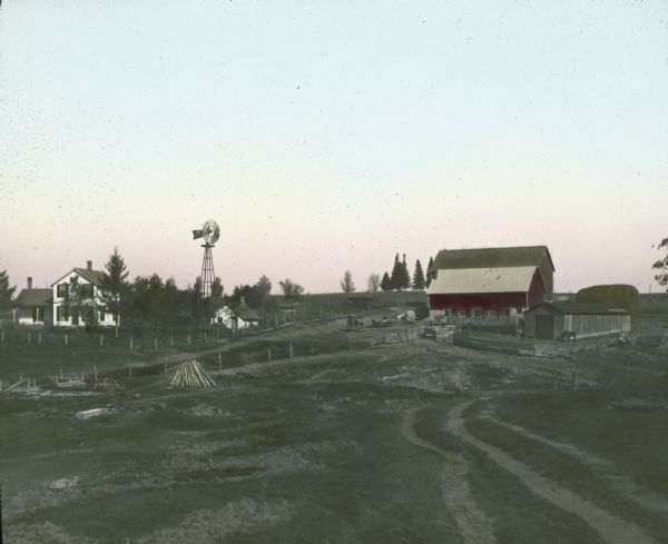 Hand-colored photograph of a Wisconsin farm.