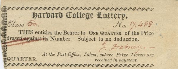 Ticket for the Harvard College Lottery.
