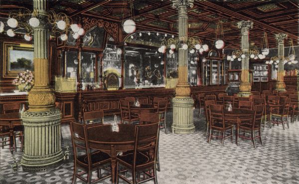 Hand-colored view of the interior of the bar room in the Schlitz Hotel.