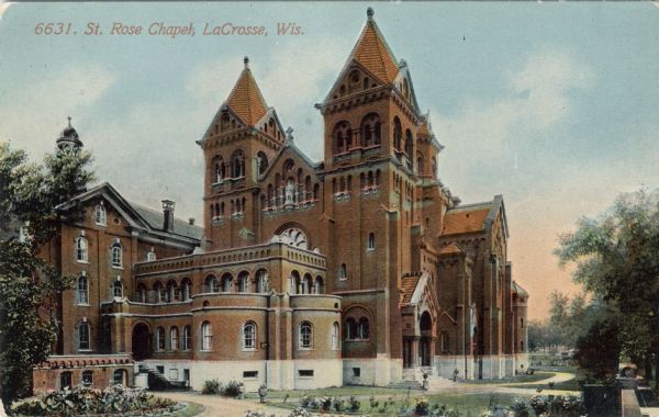 Hand-colored exterior view of chapel. Caption reads: "St. Rose Chapel, La Crosse, Wis."
