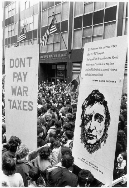 A demonstration of the war tax resistance taking place in Mid-Manhattan.