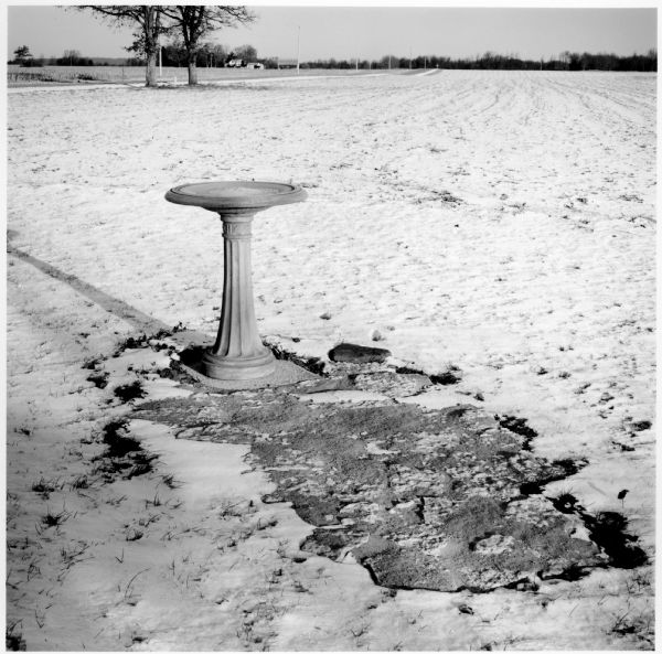 Snow-covered landscape with a birdbath in the foreground at the Quinney farm.