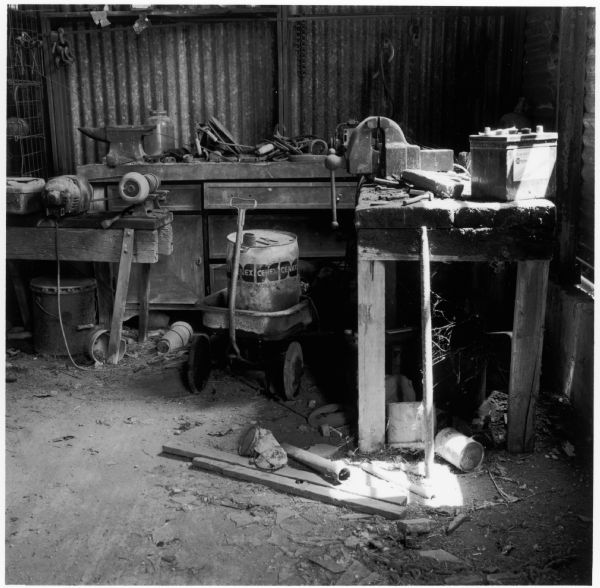 Workbench in the machine shed on the Quinney farm.