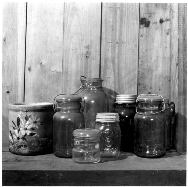 Canning jars in the fruit cellar of the Quinney farm.