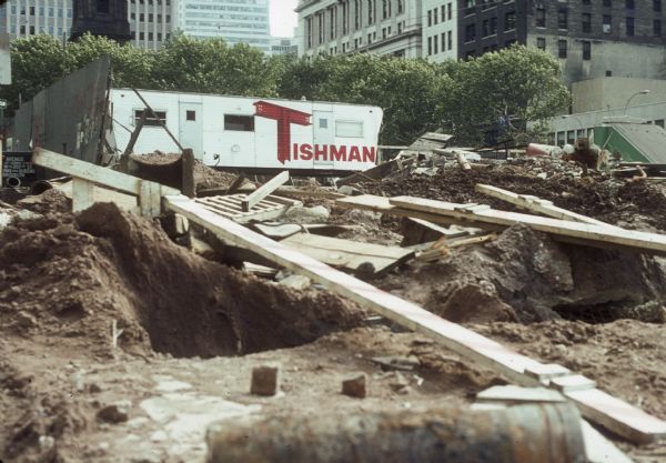 Tishman trailer at the construction site of the World Trade Center.