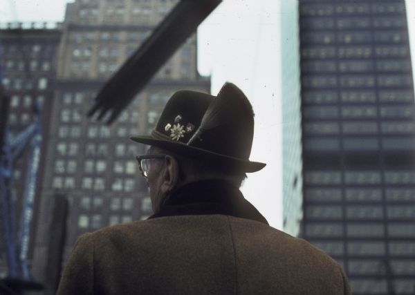 A man looks at the construction of the World Trade Center.