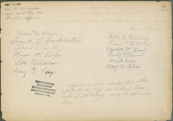 Sketchbook page with inscription across top in brown ink: "To Mr. Stager from his section in remembrance of the pleasant hours spent together.  Aug. 18th 1881." Followed by two columns of autographs, above the inscription "difference in styles indicates that the other artists besides Prof. Leo Andrew Stager, doctor of philology, may be represented here."