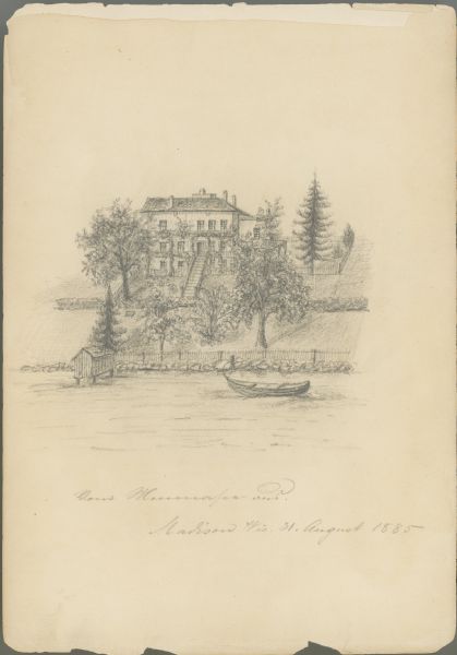 Pencil on paper drawing of large house on hill above river, with rowboat and boathouse.  The house has three stories, four chimneys, mansard roof, and long stairway from second story to stone fence; hillside, trees, and another fence of uprights lead to river below.  Additional fencing extends to the right and back just beyond house.  Boathouse extends over water on pilings.  Named and dated in pencil below image.