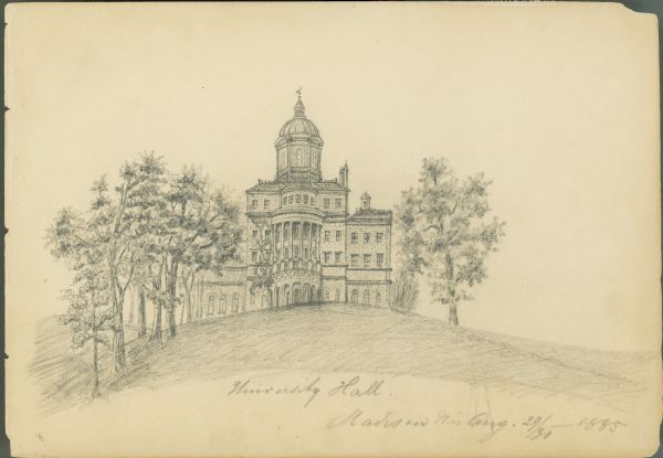 Pencil on paper drawing of large building set on hill with row of trees on left, and single tree on right. Central building has four stories below high domed cupola topped with weather vane, three-story porch, and mansard roofs, with wings on two sides.  Titled beneath image, dated bottom right corner.