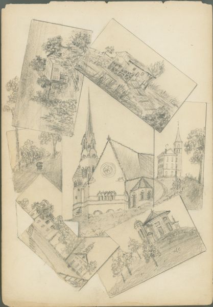 Pencil on paper; center image of church surrounded by six miniature drawings including one residence, one mill, one horse and carriage from rear, and three church-like buildings.