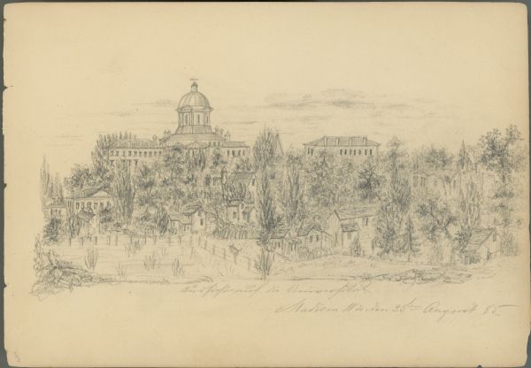 Pencil on paper; Bascom Hall with domed cupola and weather vane at left of center, with other large building to right with four chimneys and hipped roof.  Smaller buildings in trees in foreground.  Titled at bottom center, dated and signed bottom right corner.