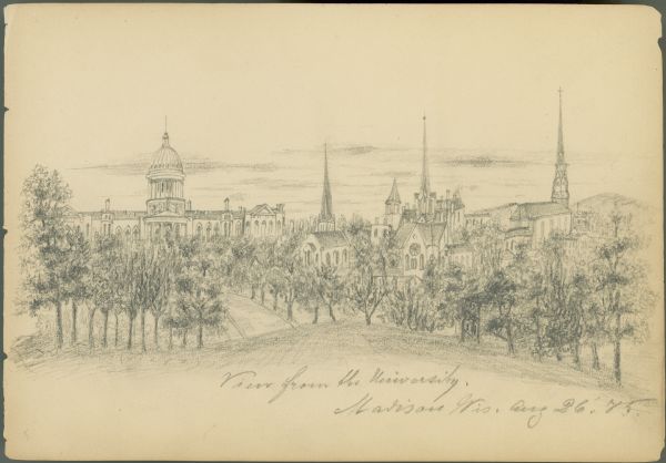 Pencil on paper; view from Bascom Hill, with buildings, churches, on the right side of street, Wisconsin State Capitol in background, with trees surrounding each. Titled below image, dated bottom right corner.